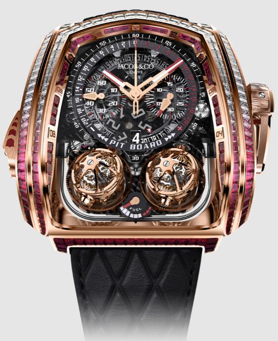 Review Jacob & Co TWIN TURBO FURIOUS BAGUETTE WHITE DIAMONDS AND RUBIES ROSE GOLD TT800.40.BR.AA.A Replica watch